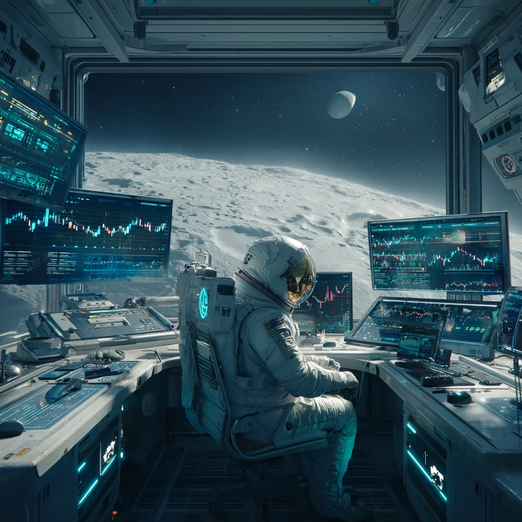 Astronaut analyzing stock charts on the moon with multiple screens